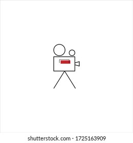 Thin line vintage camera on white background with red side button