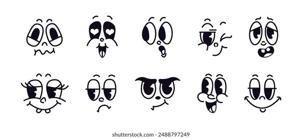 Thin line vintage funny faces icons on white background. Variety of character funny faces ideal for constructing different graphic facial emotions