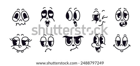 Thin line vintage funny faces icons on white background. Variety of character funny faces ideal for constructing different graphic facial emotions