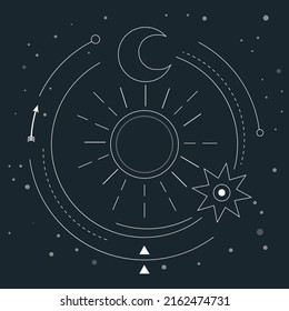 Thin line vintage illustration of sacred sun. Vector graphic design logo, print for label, badge, sticker, emblem, sign and identity.