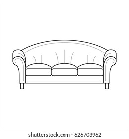 Thin line vintage sofa. Icon of fashion, elegance and cozy furniture for an house interior, living room. Antique couch. Vector outline illustration isolated on white background.