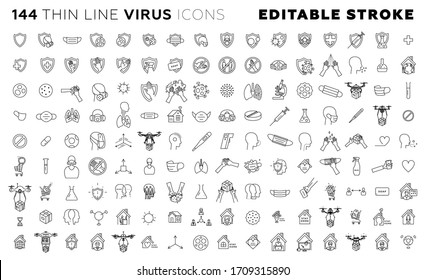 Dünne Virusicons Set inklusive Coronavirus-Zellen, Vorbeugung, Symptome, Sicherheit, bleiben zu Hause, Pneumonie, Pillen, Handwaschung, Desinfektion, kontaktlose Quadrocopter-Drohnenzufuhr und Fernarbeit.