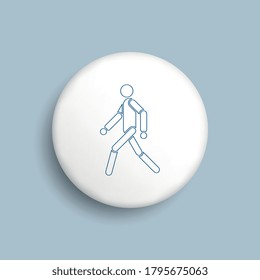 Thin line Walking man icon on realistic white button on a blue background