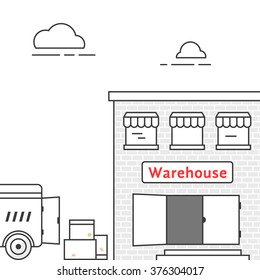 thin line warehouse with delivery vehicle. concept of lorry, stock, depot, truck transit, import export, van, courier. isolated on white background linear style trend modern design vector illustration