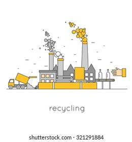 Thin line Waste recycling. Garbage truck brought to the processing plant processed waste. Flat design.