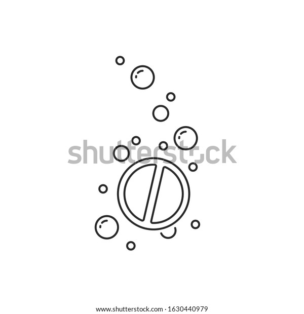 thin line water bubbles with fizzy pill. flat\
lineart style trend modern stroke doze logotype graphic art design\
isolated on white background. concept of effervescent treatment for\
hangover or fever