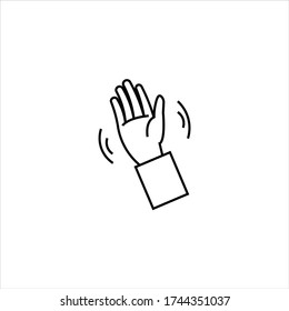 Thin line waving hand sign on white background. Hand is waving. Isolated icon. Minimalist symbols. Editable stroke. Eps 10. New-normal greetings at the office.
