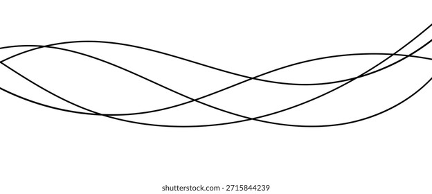 Thin line wavy abstract on white background. Curve wave, black line art striped graphic template.