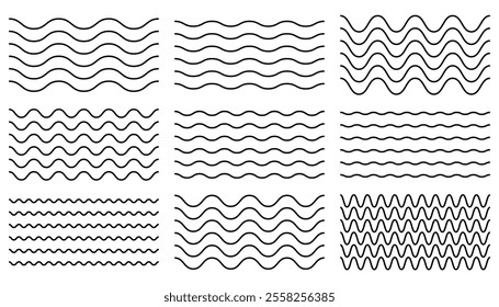Thin line wavy seamless border collection. Wave pattern decoration. Set of curly zigzag lines.