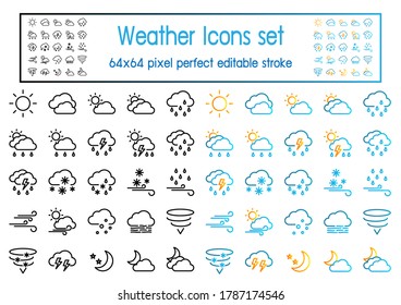 A thin line of Weather icons set that is pixel perfect editable stroke.
Meteorology of outline vector to show on the website or mobile phone. 
Black and colorful cloud sun and moon design elements.