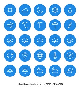 Thin line weather icons set for web and mobile apps. White and blue colors flat design. Cloud, sun, rain, storm, snow, moon