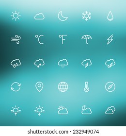 Thin line weather icons set for web and mobile apps. White icons on the blurred background. Cloud, sun, rain, storm, snow, moon