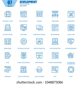 Thin line web design and development icons set for website and mobile site and apps. Contains such Icons as Software, Programming, Sync. 48x48 Pixel Perfect. Editable Stroke. Vector illustration.