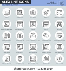 Thin line web design and development icons set for website and mobile site and apps. Contains such Icons as Coding, Mobile App, Usability. 48x48 Pixel Perfect. Editable Stroke. Vector illustration.