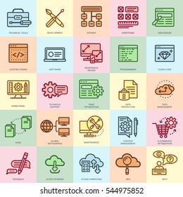 Thin line web design and development icons set for website and mobile site and apps. Pixel Perfect. Editable Stroke. Flat simple linear pictogram pack. Vector illustration.