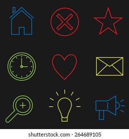 Thin line Web icon set, Flat Design, Vector illustration, Home, Star, Clock, Heart, Message, Envelope, Zoom, Idea, Marketing symbols.