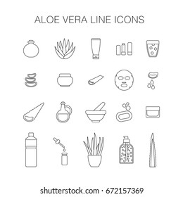 Thin line web icon set - aloe vera plant and products, big set of outline design healthcare and cosmetology objects isolated on the white background, vector illustration
