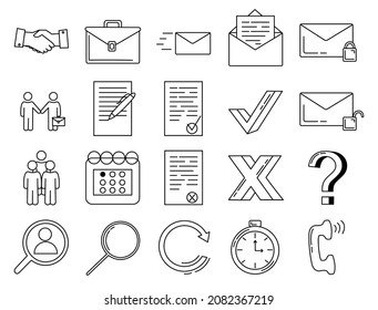Thin line web icon set-business people, human resources, office management, notifications, documentation, time, search and more. Outline icons collection. Simple vector illustration. Editable move. 