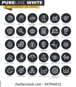 Colección de iconos de línea delgada para inversión, mercado financiero, e-business, transferencia de dinero, gestión, consultoría.