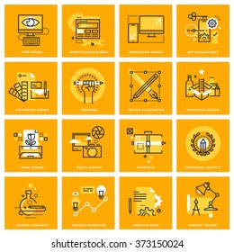 Thin line web icons of web design and development, responsive design, stationary and print design, branding, packaging design, photo editing. Vector illustration concepts for graphic and web design.