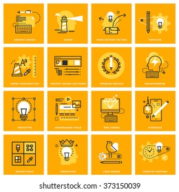 Thin line web icons of design services and tools, web and app development process and tools. Vector illustration concepts for graphic and web design.