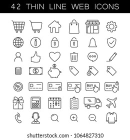 Thin line web icons for websites, online marketplace, online store, shopping. Black stroke, editable.