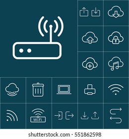thin line wi-fi router icon on blue background, web internet icons set