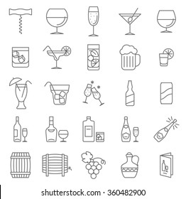 Thin line wine and beverage vector icon set