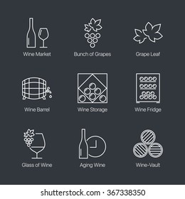 Thin line wine icons set on dark background. Web graphics simple mono outline symbol collection. Premium quality best modern linear stroke vector logo concept pictogram pack.