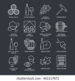 Thin line wine icons set isolated on dark background. Web graphics simple mono outline symbol collection. Premium quality best modern linear stroke vector logo concept pictogram pack.