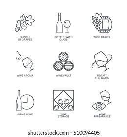 Thin line wine icons set. Web infographics simple mono outline wine icon symbol collection. Linear stroke vector wine logo concept pictogram pack. Alcohol icons infographic illustration.