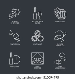 Thin line wine icons set. Web infographics simple mono outline wine icon symbol collection. Linear stroke vector wine logo concept pictogram pack. Alcohol icons infographic illustration.