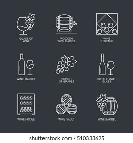 Thin line wine icons set. Web infographics simple mono outline wine icon symbol collection. Linear stroke vector wine logo concept pictogram pack. Alcohol icons infographic illustration.