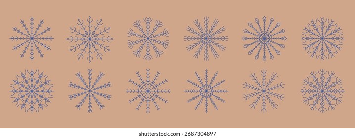 Thin line winter snowflakes crystal designs. Merry Christmas and happy new year ornament, snowfall symbol for card, banner, package vector illustration.