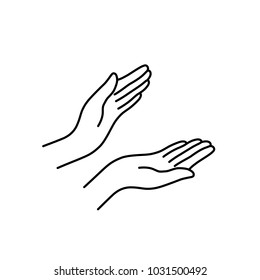 thin line woman hands like applause. concept of people body language like mercy or pray in ramadan. simple contour style sign islam dua logotype stroke graphic art design isolated on white background