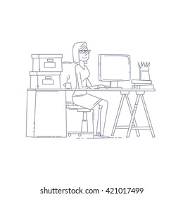 Thin line woman sitting at the table and working on the computer. Business, office work, workplace. Flat design vector illustration.