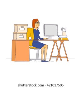 Thin line woman sitting at the table and working on the computer. Business, office work, workplace. Flat design vector illustration.