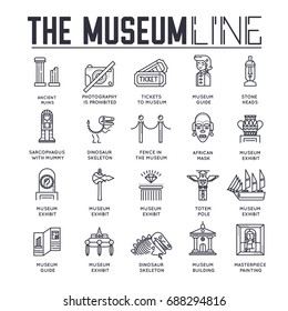 Thin line woman standing near different sculptures, pictures, and art objects in the museum concept. Outline vector illustration design.