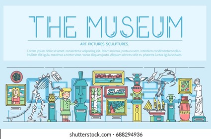 Thin line woman standing near different sculptures, pictures, and art objects in the museum concept. Outline vector illustration design.
