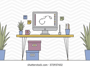 Thin Line Work Space Vector Illustration with Table, Laptop, etc