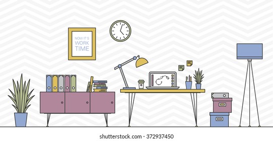 Thin Line Work Space Vector Illustration with Table, Laptop, etc