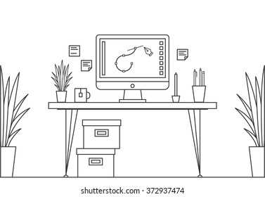 Thin Line Work Space Vector Illustration with Table, Laptop, etc