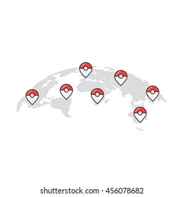 thin line world map with pins. concept of route, landmark, adventure, explore, infographic element, local. flat style trend modern logotype graphic design vector illustration on white background