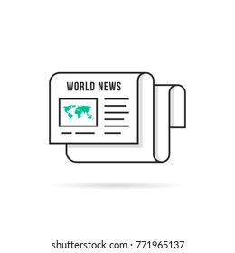 Thin Line World News Logo Like Newspaper. Concept Of Reading News Paper With Global Advertisement Or Propaganda. Stroke Flat Style Trend Modern Logotype Or Contour Graphic Design Isolated On White