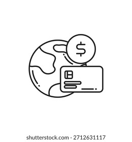 Icono de pago mundial de línea delgada con un globo terráqueo y una tarjeta de crédito. Estilo de contorno mínimo para finanzas, banca, transacciones globales, pago en línea, transferencia de dinero y diseños de comercio digital.