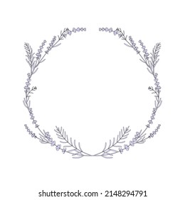 corona delgada de lavanda sobre fondo blanco. concepto de decoración de flores silvestres para diseño sencillo y elemento lineal de arte para plantilla de vacaciones o postal de boda