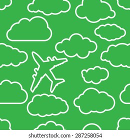 thin linear airplane with clouds on a green air Seamless background