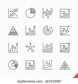 Thin linear business data market Infographic elements icons set with variety of bar, pie, area charts vector illustration