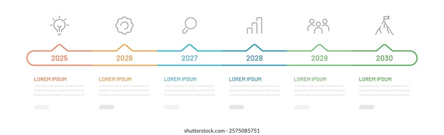 A thin linear business infographic for a presentation consisting of 6 steps, stages of achieving a goal. Project planning by year or month, editable icons