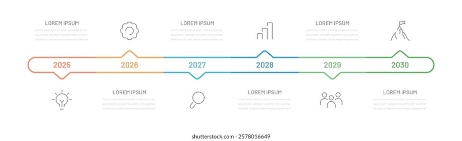 A thin linear business infographic for a presentation consisting of 6 steps, stages of achieving a goal. Project planning by year or month, editable icons